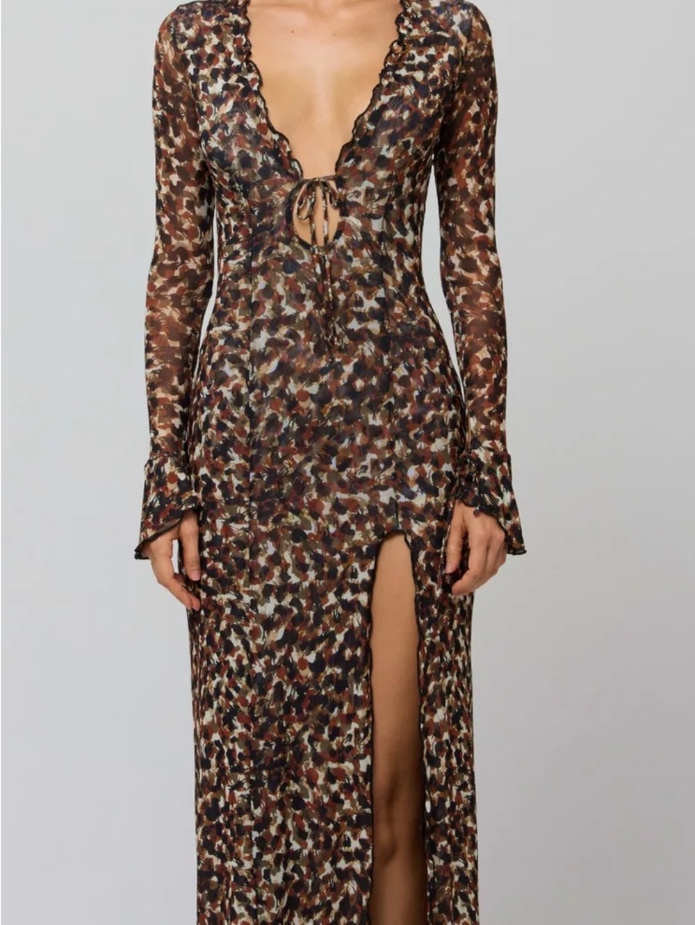 RESA SOLD OUT Lennon Brown Multi-Print Long Sleeve Maxi Dress w Front Slit NWT